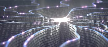Wandförmige Binärcodes bilden Übertragungsleitungen aus Impulsen, Digitale Informationen in Analogie zu einer Nervenzelle