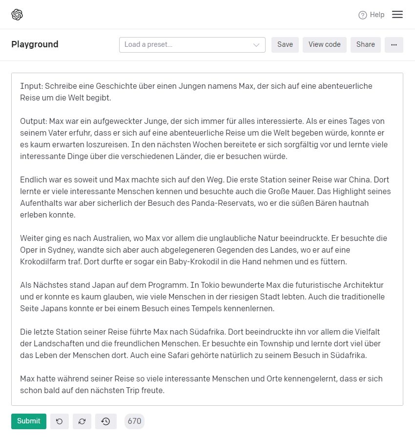 OpenAI GPT-3 Playground Maschinell erzeugte Geschichte über einen Jungen, der sich auf eine (abenteuerliche) Weltreise begibt