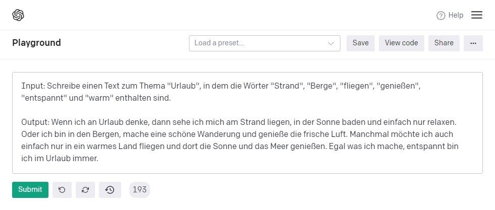 OpenAI GPT-3 Playground Maschinell erzeugter Text zur Einführung von Wortschatz zum Thema Urlaub