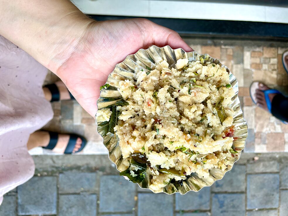 Upma - a savoury semolina porridge with curry leaves and chilli