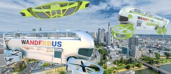Alle 3 Wanderbusse vor der Frankfurter Skyline