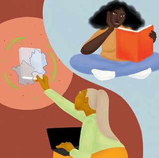 Bunte Illustration mit verschiedenen Menschen, die lesen, in Büchern blättern, vorlesen, am Laptop arbeiten. 