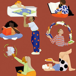 Bunte Illustration mit verschiedenen Menschen, die lesen, in Büchern blättern, vorlesen, am Laptop arbeiten. 