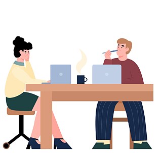 Eine Frau und ein Mann an einem Tisch mit Computern und Tassen (Zeichnung)