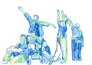 Un groupe de personnes avec et sans fauteuil roulant dans des poses théâtrales (dessin)