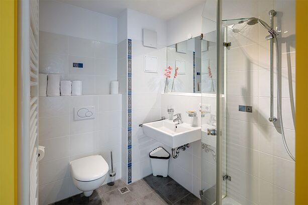 A modern furnished bathroom in a Sunnyside Apartment.