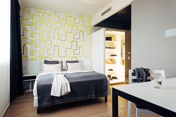 A modern room at Harry's Home hotel.