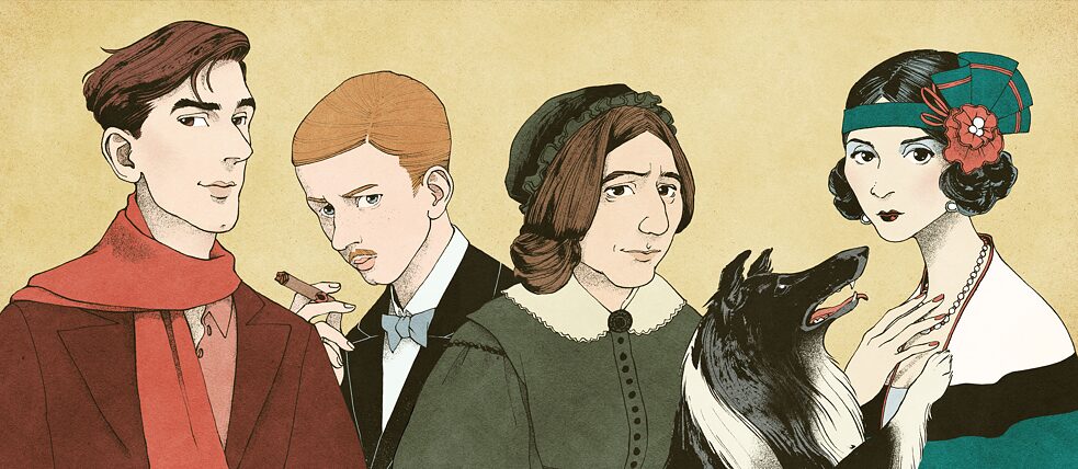 Manns Romanfiguren | Illustration: © Bea Davies Illustrationen von Manns Romanfiguren: (von links) Felix Krull, Hans Castorp, Sesemi Weichbrod, Imma Spoelmann.