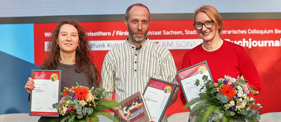 Preis der Leipziger Buchmesse 2025 Preis der Leipziger Buchmesse 2025, die drei Preisträger*innen: Irina Rastorgueva, Thomas Weiler, Kristine Bilkau (v.l.n.r.)