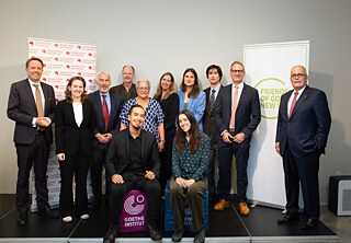 Group picture with Consul General Till Knorn and Cultural Attaché Mariella de Carvalho (German Consulate New York); Jeffrey Himmel (Friends of Goethe); Philip Boehm and Shelley Frisch (jury members); Riky Stock (Frankfurt Book Fair); Liz Lauffer (jury); Dean Whiteside and Jörg Schumacher (Goethe-Institut New York), David Detjen (Friends of Goethe) and the 2024 award recipients—Jon Cho-Polizzi (Helen and Kurt Wolff Translation Prize) and Elizabeth Raab (Gutekunst Prize for Emerging Translators).
