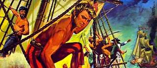 Das Filmplakat zeigt einen blonden Mann auf einem Piratenschiff.
