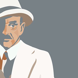 Eine weiß-graue Zeichnung von Manns Gesichtshälfte.
