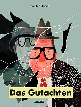 Jennifer Daniel - Das Gutachten Mann mit Hut in zerbrochenem Spiegelbild, die Silhouette von ihm selbst als junger Mann in Soldatenuniform taucht auf.