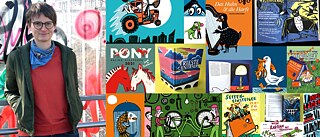 Frau mit Brille und Jacke an ein Geländer lehnend. Buchcover und Illustrationen