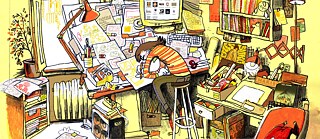 Zeichnung von einem Comiczeichner am Schreibtisch