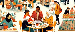 Zeichnung: Menschen unterschiedlicher Herkunft in einer Bibliothek beim Gärtnern, Musizieren und Kochen