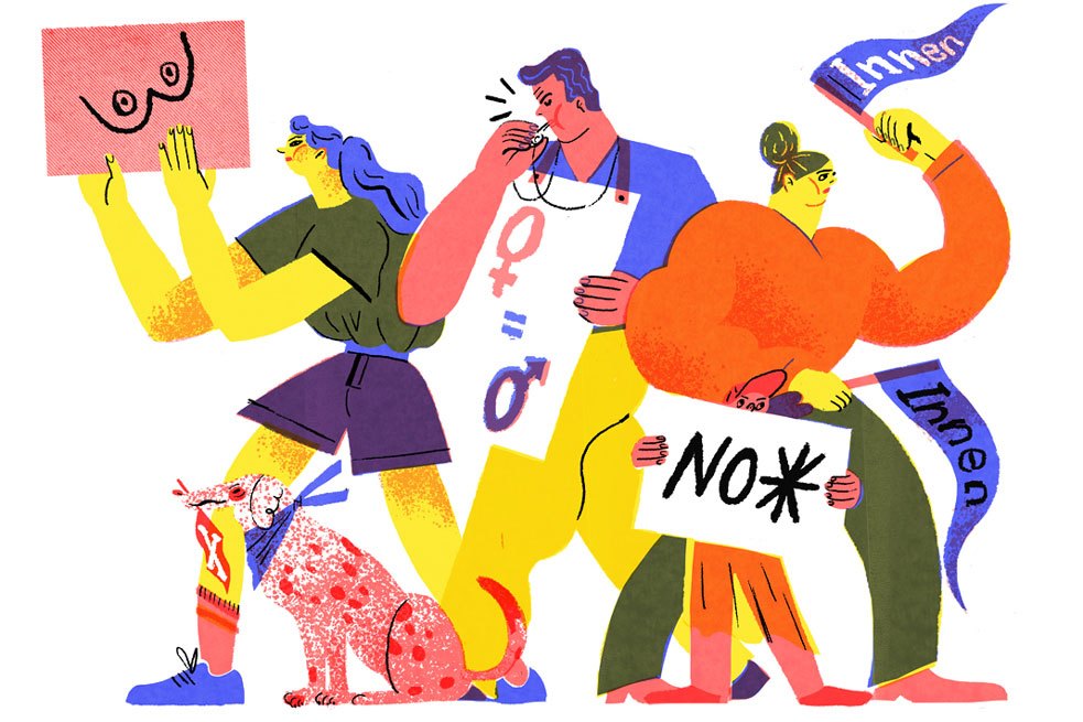 Feminismus in der Sprache Illustration mit protestierenden Personen
