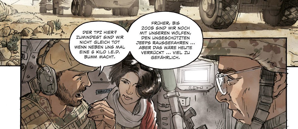 Comic „Wave an Smile“, Arne Jysch Journalistin Anni im Fuchspanzer