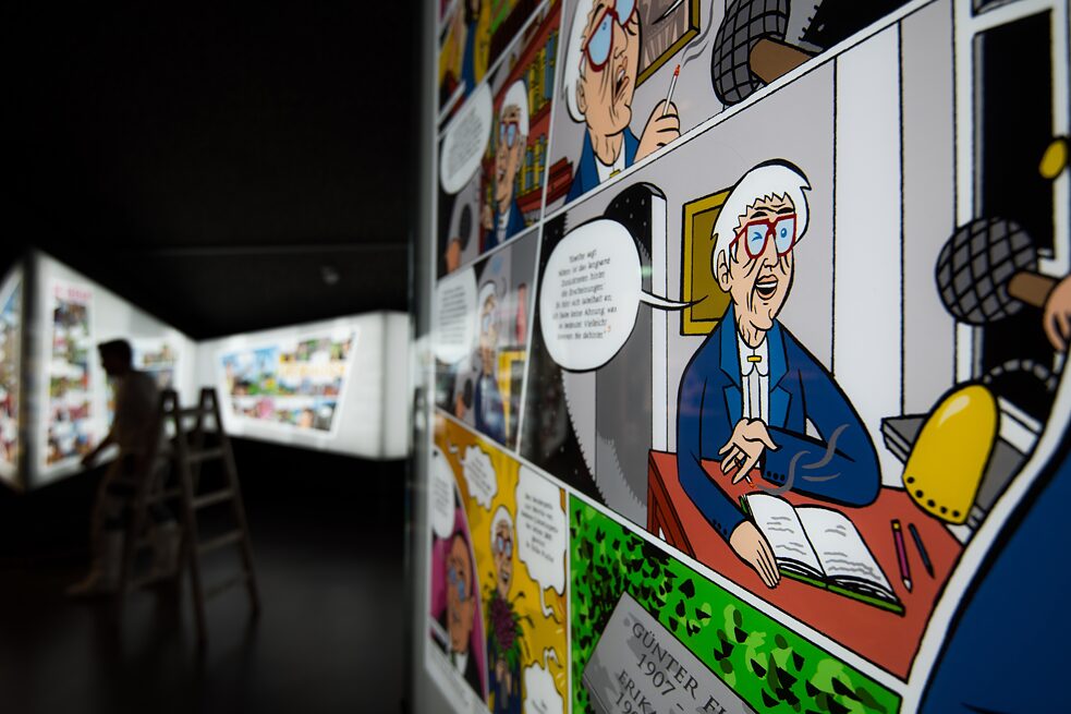 Das Leben von Erika Fuchs wird im Museum – wie sollte es anders sein – als Comic erzählt. 
