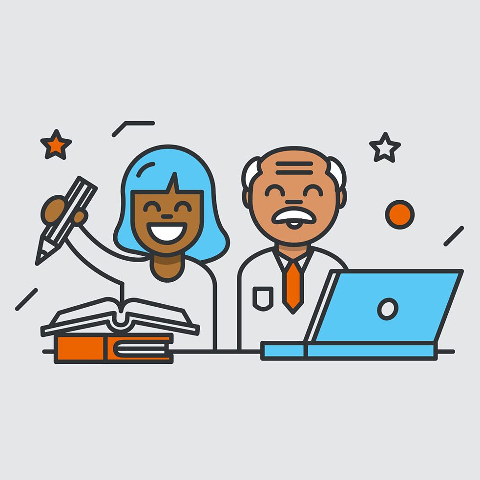 quadratische Illustration einer Frau und eines Mannes vor dem Computer 