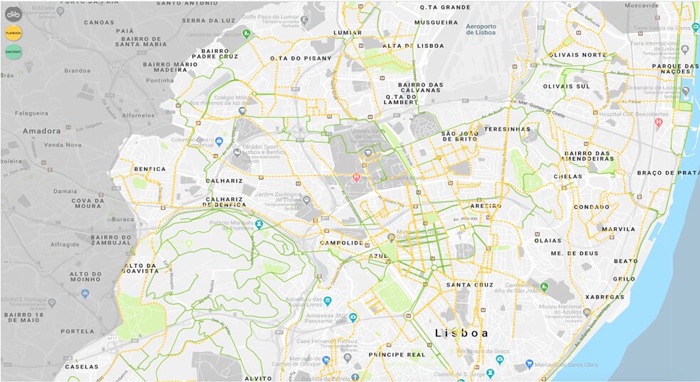 Lissabons Radwegnetz Lissabons Radwegnetz: Die grünen Radwege sind bereits gebaut, die gelben werden im Rahmen des Projekts angelegt.