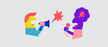 Illustration: Zwei Figuren, die Sprechblase der einen ist genauso geformt wie der Kopfinhalt der anderen