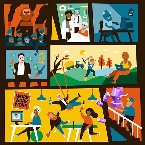 Illustration avec des personnes exerçant différents métiers.