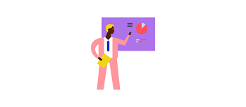 Illustration: Person vor Präsentation mit verschiedenen Diagrammen