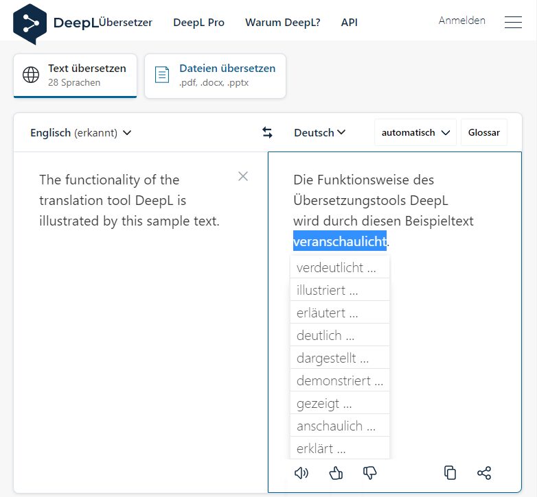 DeepL-Übersetzer Übersetzung vom Englischen ins Deutsche mit Synonymfunktion für Wörter und Formulierungen.