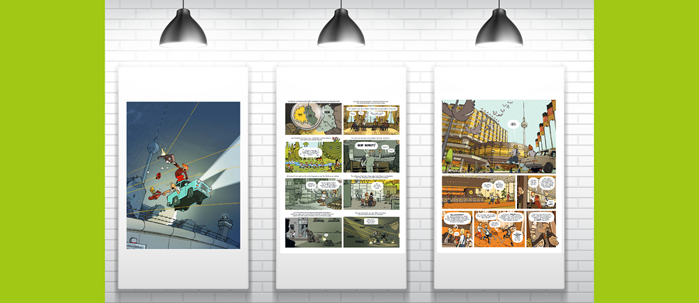 ein Flur, an der Wand hänge verschiedene Plakate einer Plakat-Wanderausstellung