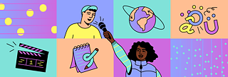 Mosaik aus verschiedenen Grafiken mit zwei Personen, von denen eine ein Mikrofon hält