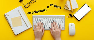 Gelber Hintergrund, Tastatur, Notizblock