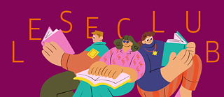 grafische Illustration von drei Personen, die im Kreis sitzen, sie stehen mit ihren Rücken nahe beieinander und sind in ihre Bücher vertieft. Blauer Hintergrund, helle Farben. Darüber steht in orangener Schrift "Leseclub"