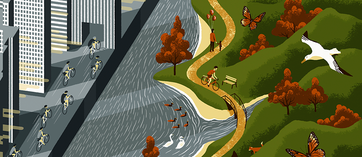 Sur l'image, on voit une illustration. Au centre de l'image, on voit une rivière avec des canards et des cygnes. D'un côté de la rivière, on voit la ville et les cyclistes, de l'autre la nature, les arbres, les papillons, etc. 