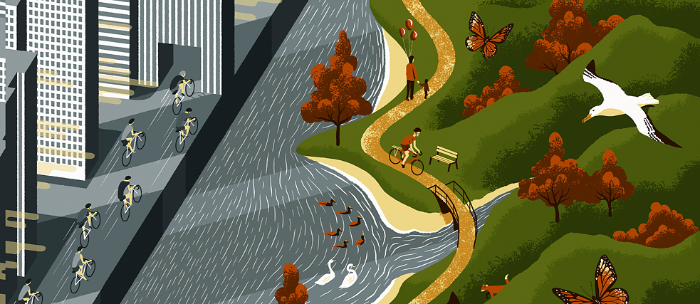 Illustration: Mauritius: Stadt & Natur Auf dem Bild sieht man eine Illustration. In der Mitte des Bildes ist ein Fluss zu sehen mit Enten und Schwänen. Auf einer Seite des Flusses sieht man Stadt und Radfahrer, auf der anderen Seite Natur, Bäume, Schmetterlinge usw.