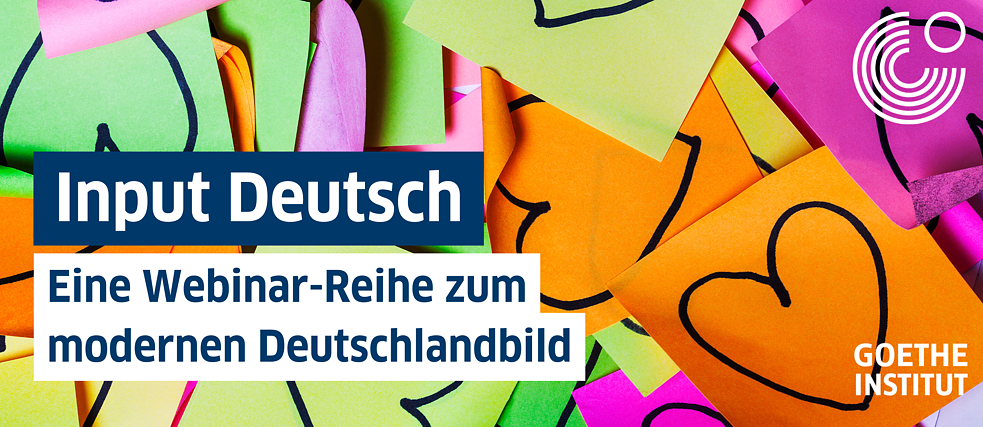 Hauptbild zum Webinar Input Deutsch. Zeichnung, die verschiedenfarbige, kreuz und quer aufgestellte Post-Ils darstellt, auf denen ein Herz gezeichnet ist.