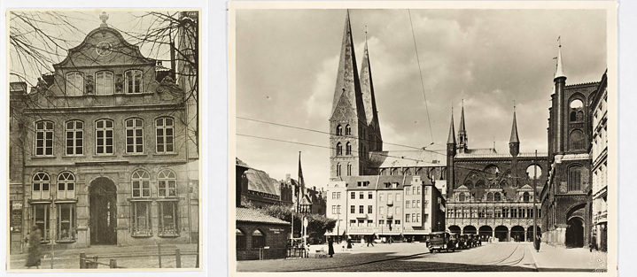 Links: Das Buddenbrooks-Haus in Lübeck. Rechts: Blick auf Lübecks Marktplatz mit der Marienkirche. Eine Collage von zwei schwarz-weiß Fotos. Links: Das Buddenbrooks-Haus in Lübeck. Rechts: Blick auf Lübecks Marktplatz mit der Marienkirche.
