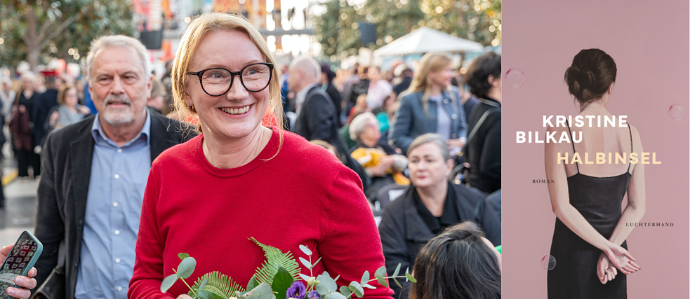 Kristine Bilkau gewinnt den Preis der Leipziger Buchmesse 2025 Kristine Bilkau bei der Verleihung des Preises der Leipziger Buchmesse 2025. Auf der rechten Seite ist das Buchcover zu sehen.