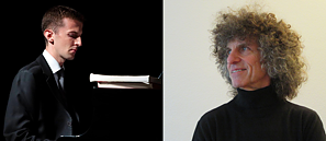 Zwei Bilder: Pianist Andrea Mele am Klavier und ein Portraitfoto von Cellist Walter-Michael Vollhardt im Profil.
