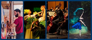 four pictures depicting various artistic disciplines (visual art, dance, theatre, and music)