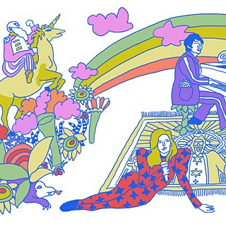 Bunte Grafik mit Musikern, Klavier, Blumen und Einhorn