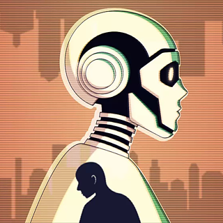 Eine Illustration, auf der ein Roboter ist. Im Inneren des Roboters ist ein Mensch.