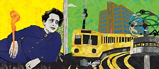 Illustration: Hannah Arendt halb liegend mit rauchender Zigarette in der rechten Hand, daneben Fernsehturm. U-Bahn und Weltzeituhr in Berlin