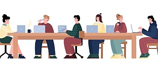 Eine Gruppe von drei Frauen und drei Männern an einem Tisch mit Computern und Tassen (Zeichnung)